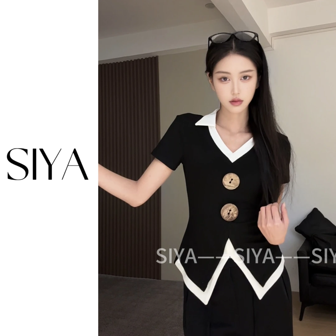【SIYA】假两件v领上衣女2025新款撞色简约高级感T恤