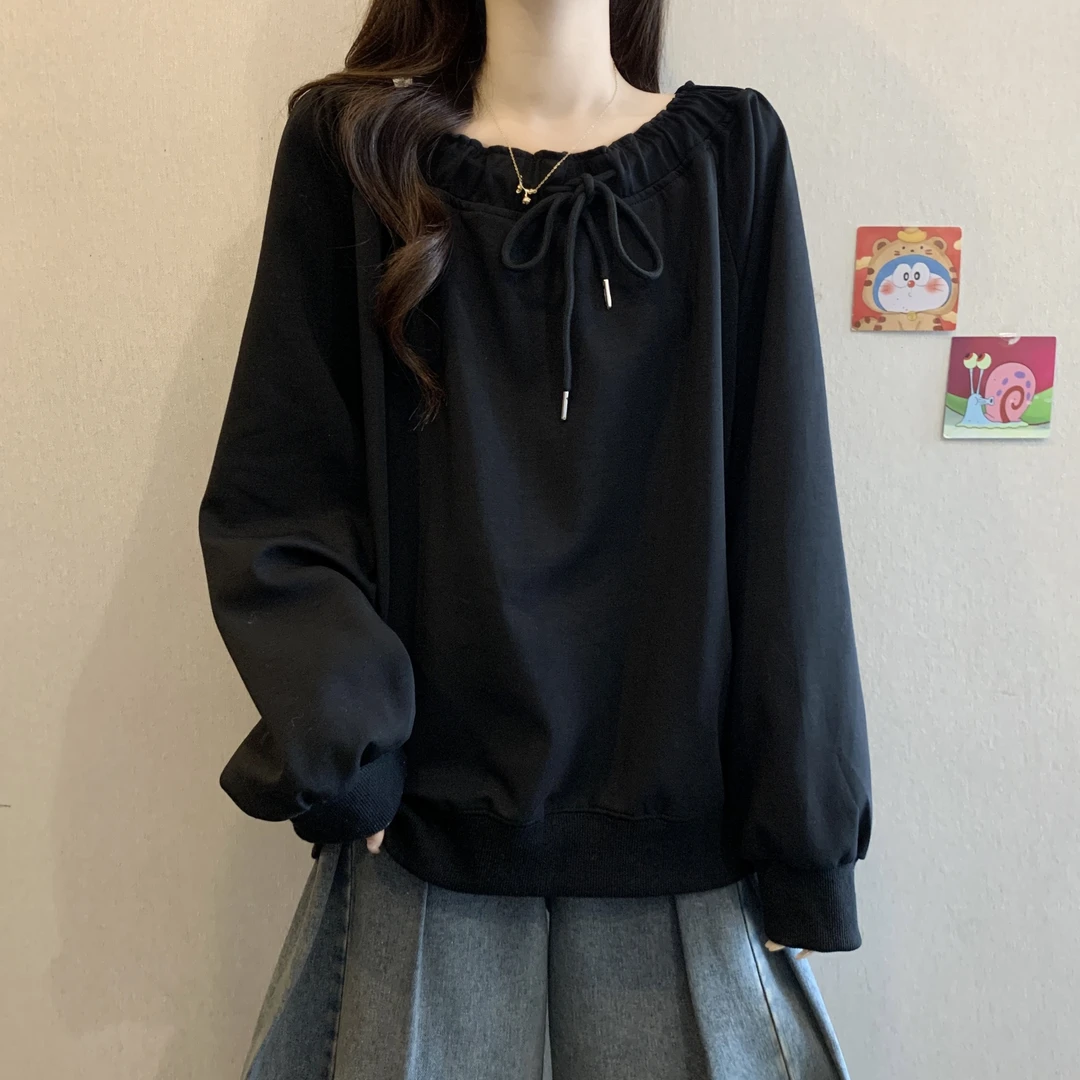大码女装遮肚子慵懒风抽绳长袖卫衣女春秋胖妹妹宽松显瘦小众上衣