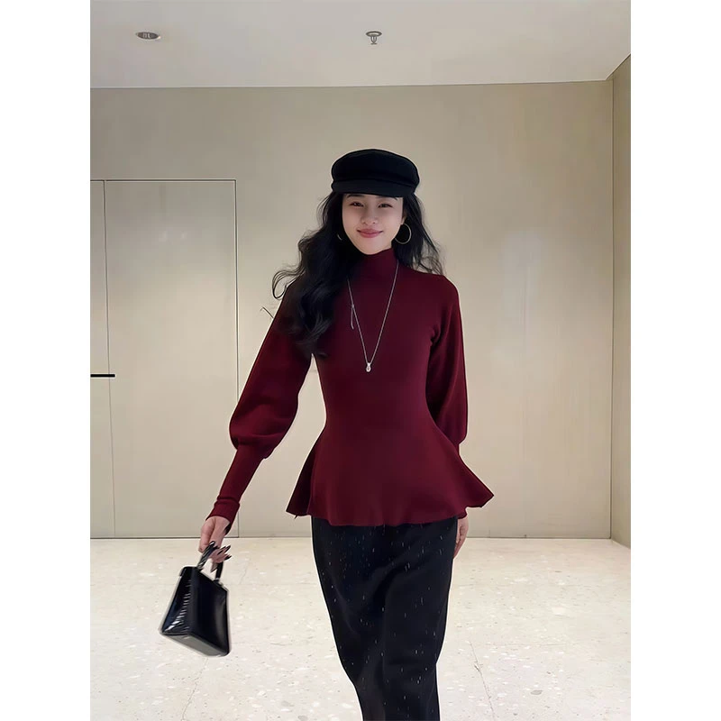法式高级感气质套头半高领针织衫女秋季圣诞新年荷叶收腰百搭上衣