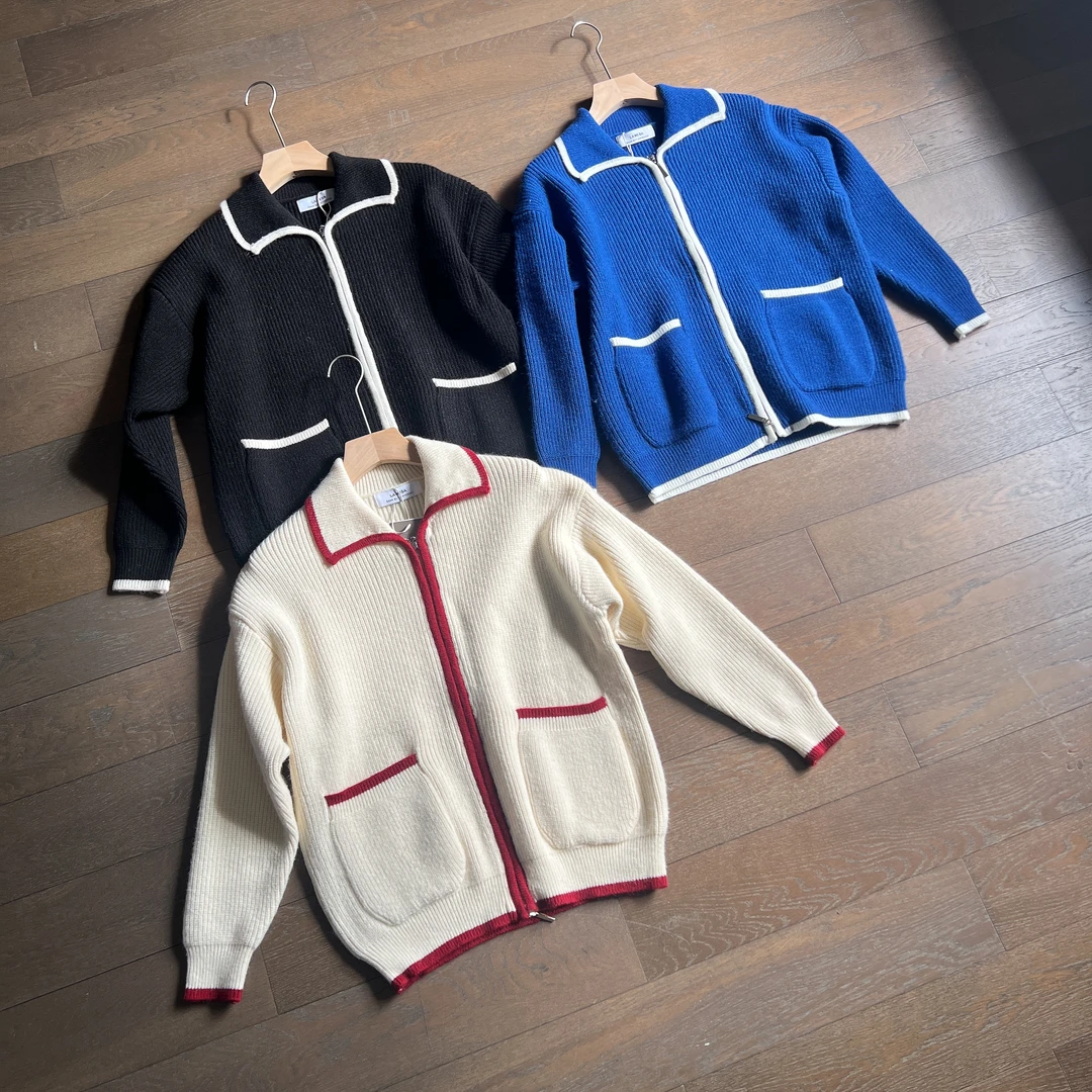 【冬季新款】冬季厚款翻领拉链开衫小众设计线条感男士长袖针织衫