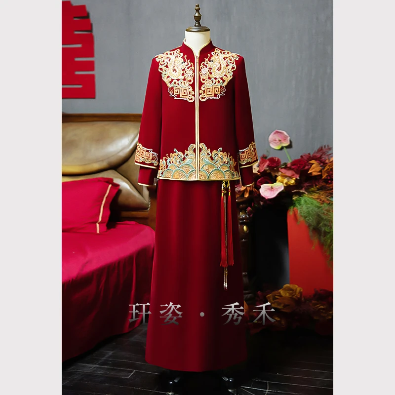 丝绒奢华新郎秀禾服结婚撞色男士马褂2025新中式男装长袍接亲服