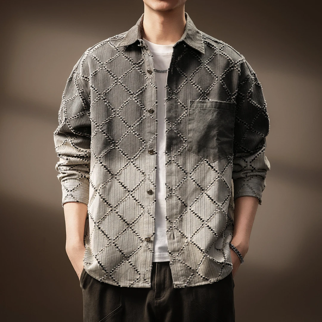 高端美式高街毛边渐变菱形工装衬衫男士秋季新款潮牌休闲上衣外套