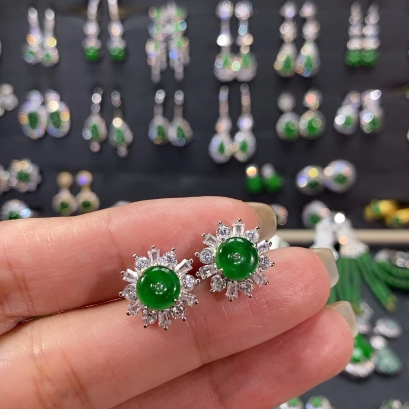 【闪购商品】翡翠耳饰银S925镀金镶嵌