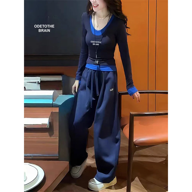 高级小众不撞款藏蓝色假两件V领长袖T恤女修身内搭打底衫上衣