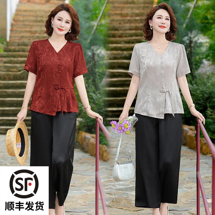 妈妈夏装套装2025新款中老年夏季短袖小衫新中式国风上衣两件套女