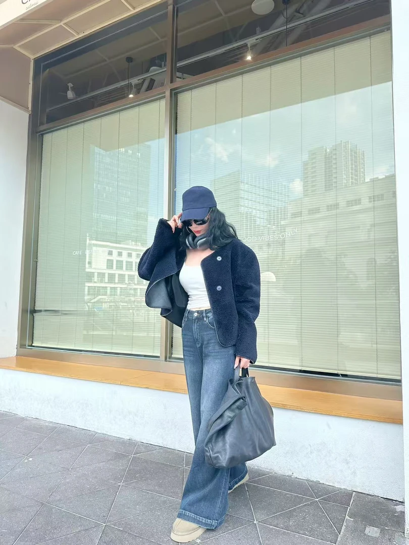 K307复古窄版阔腿牛仔裤女深蓝色港味宽松裤子