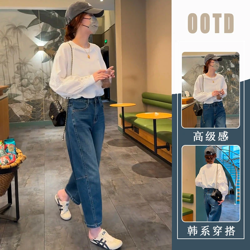 2025秋季新款时尚减龄宽松镂空拼接长袖上衣女装蓝色牛仔裤两件套