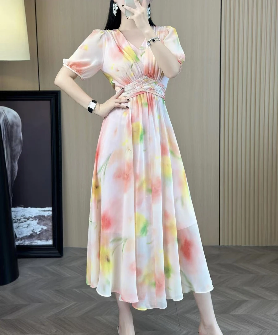 秋秋夏款名媛气质V领碎花大摆显瘦夏季连衣裙设计感十足88575