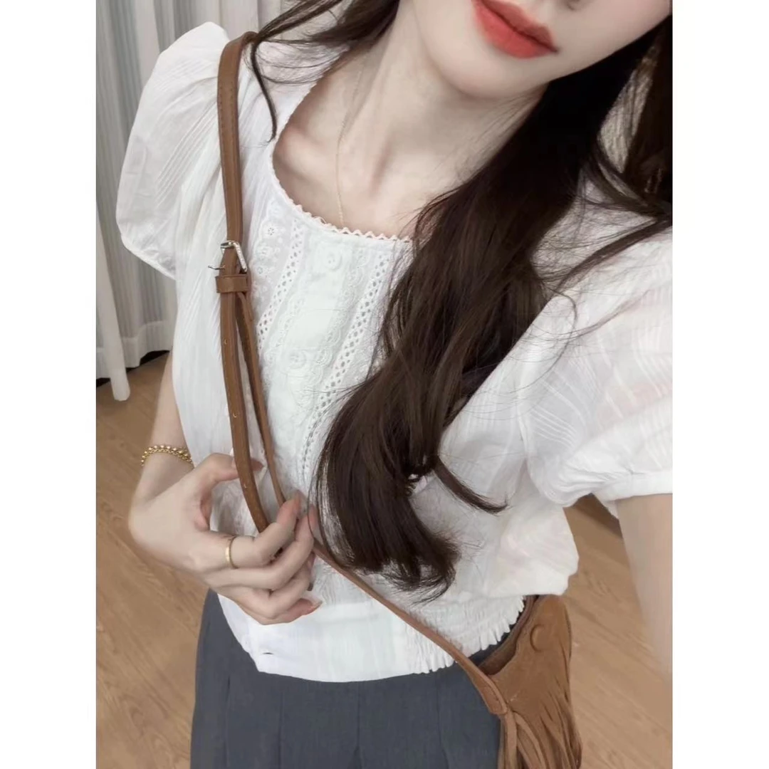 【五分糖】提花蕾丝花边衬衫女法式宽松百搭上衣