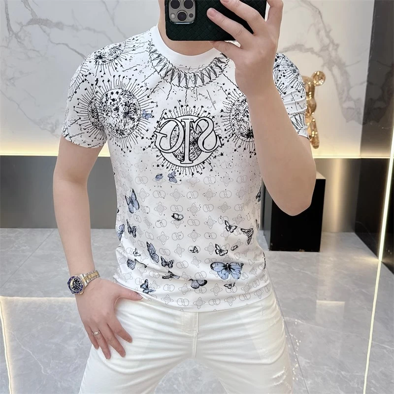 2025夏季新款欧货时尚潮牌印花烫钻修身帅气圆领短袖T恤男潮半袖