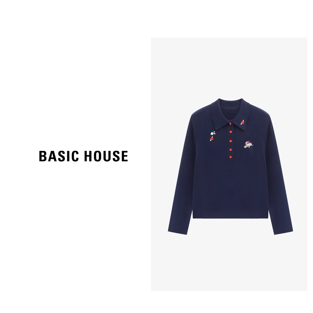Basic House/百家好秋季新款时尚图案刺绣Polo针织衫-B0625B5KVD2