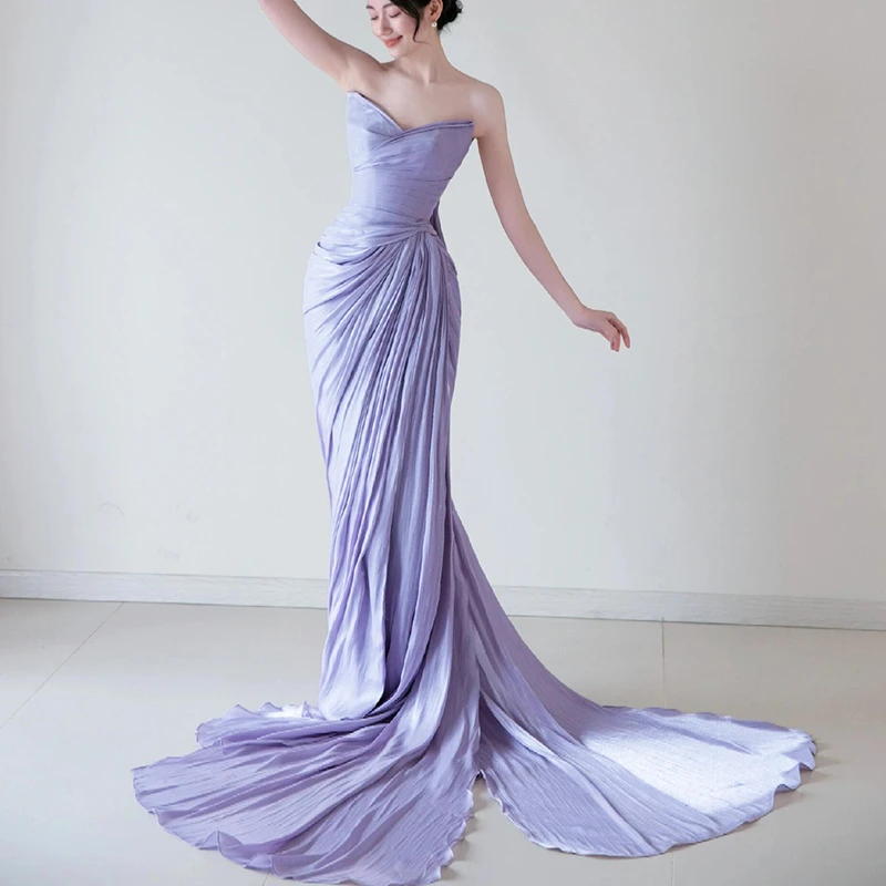 晨袍女新娘宴会晚礼服无袖性感抹胸披纱脖带轻婚纱长裙拖尾连衣裙