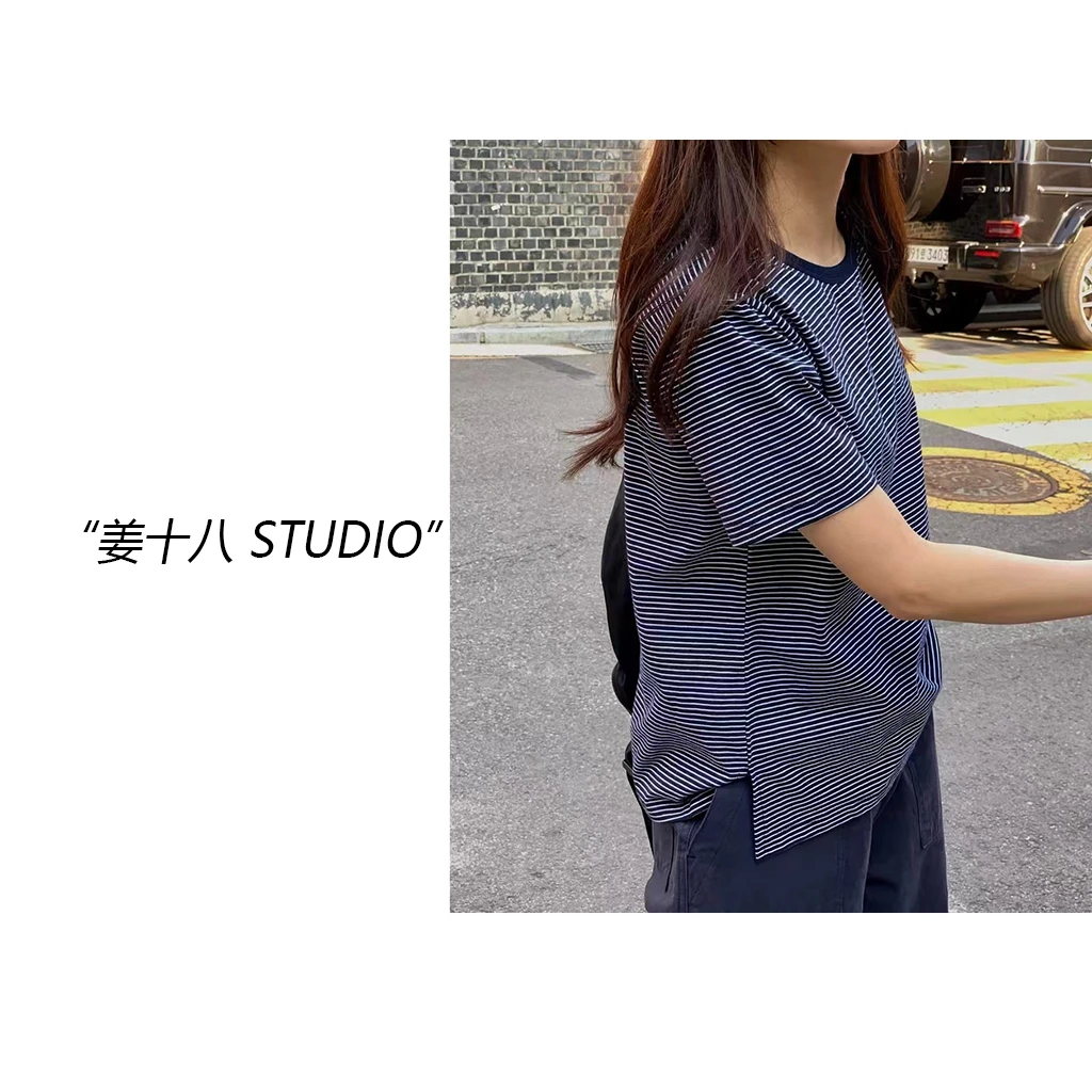姜十八-「如你风致」韩国单！经典清新细横条纹打底短袖T恤！