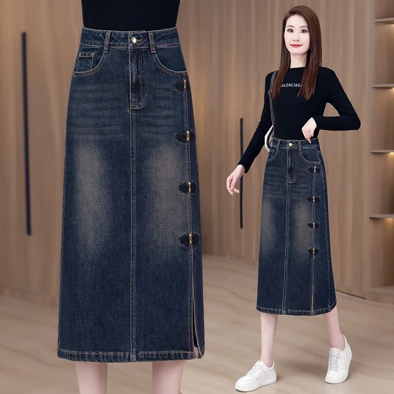 牛仔复古半身裙牛仔裙2025春夏新款高腰中长款裙子开叉显瘦一步裙