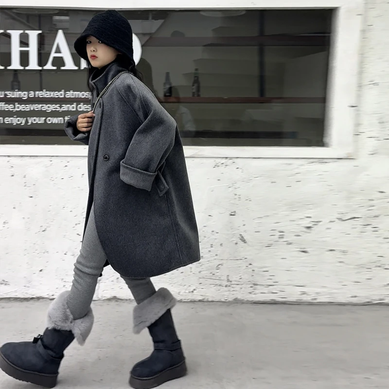 【毛妈潮牌】女童冬季中长款双面呢大衣2025新款中大童韩版毛呢外套