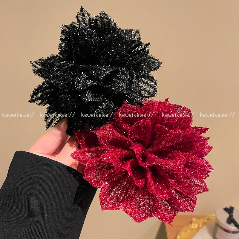 黑色少女质感玫瑰花朵抓夹发饰简约设计2025原创日韩风合发卡显