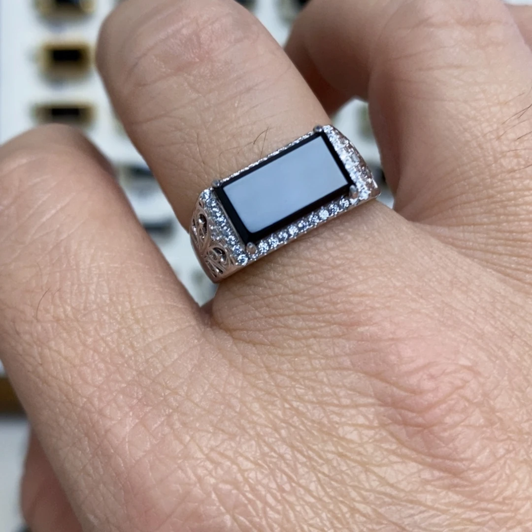 翡翠银S925镶嵌戒指墨翠戒指