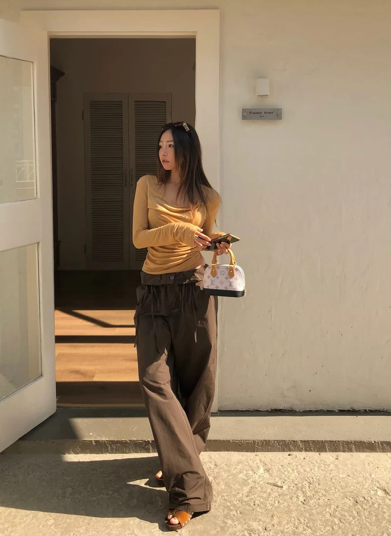 福秒-美式复古翻腰设计、双蝴蝶结绑带直筒休闲裤（FE0506#）FEELING