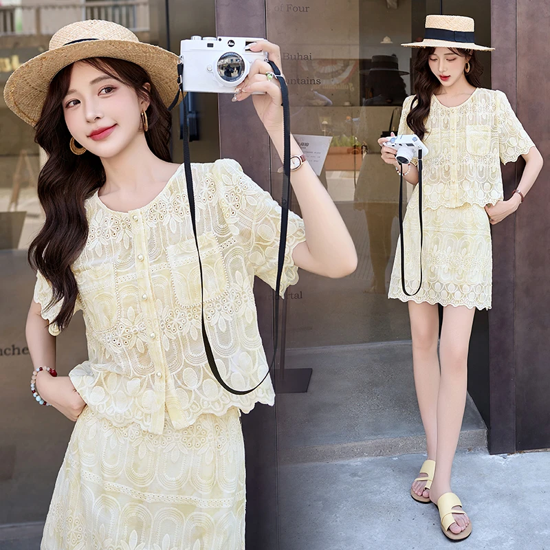 法式小香风刺绣蕾丝套装裙女2025夏季新款名媛风气质半身裙两件套