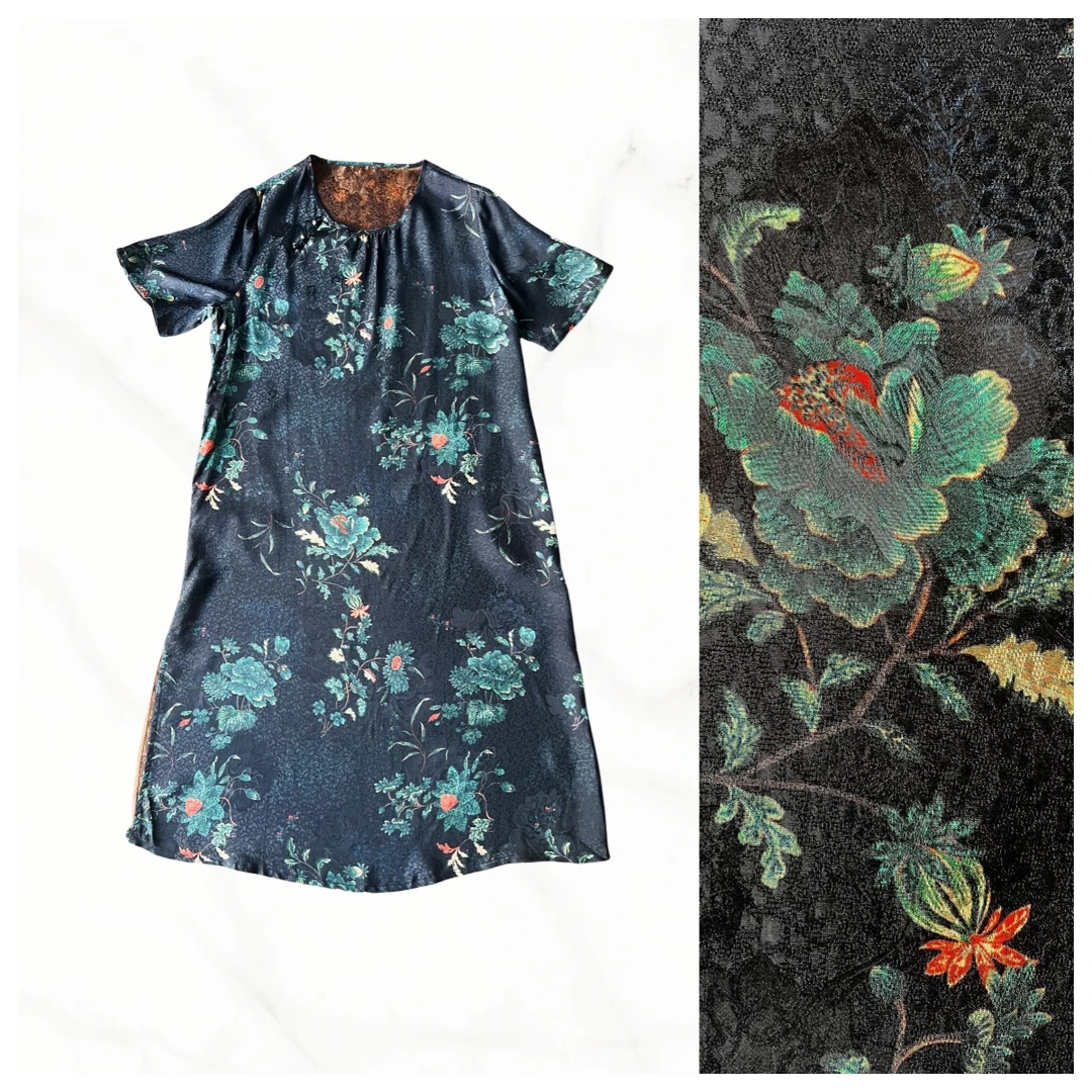 8033黑香云纱提花缎老料高定连衣裙新中式中国风中袖夏季