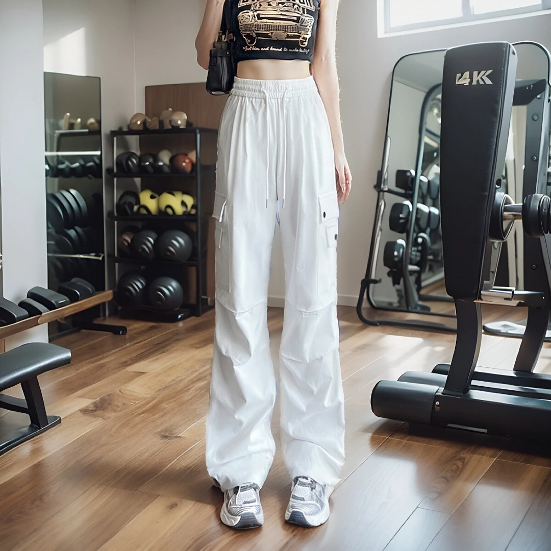 白色美式工装裤女2025新款式秋冬高腰宽松速干束脚直筒降落伞裤