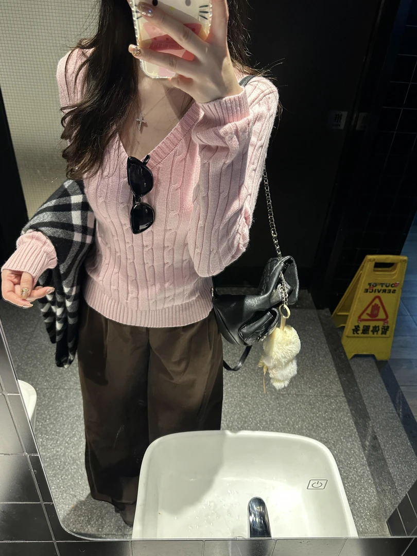 粉色百搭V领毛衣女款秋冬2025新款显瘦内搭打底针织衫长袖上衣