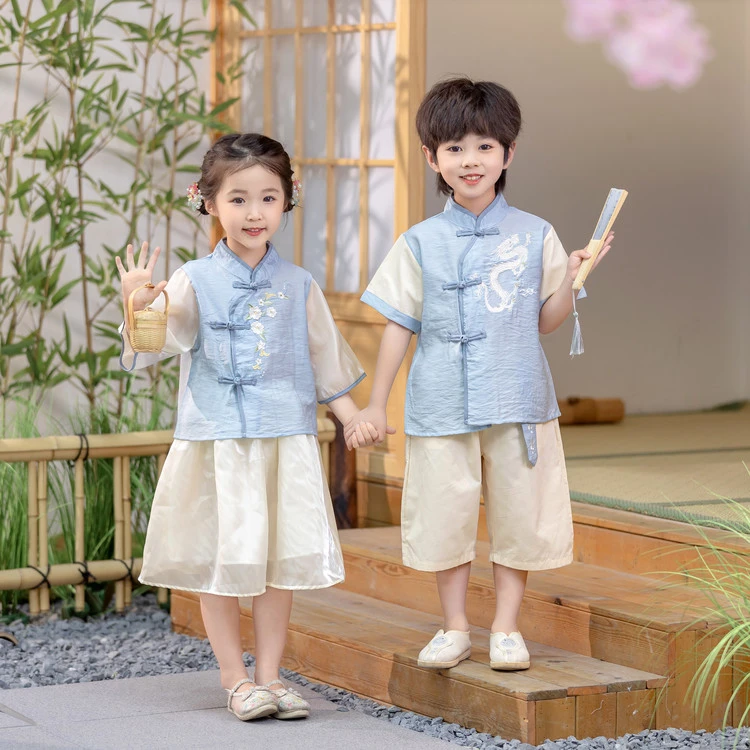 男童女童夏季中国风套装2025新款儿童龙凤胎新中式国风时髦两件套