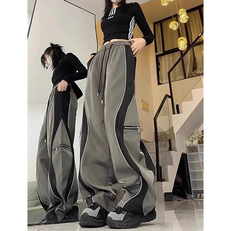 胖mm大码300斤美式复古休闲阔腿长裤宽松显瘦直筒撞色拼接运动裤2
