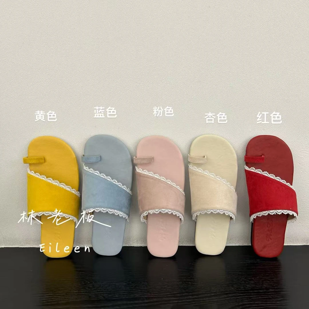 法式气质小众设计蕾丝边小众设计一字带套趾拖鞋夏季沙滩凉拖