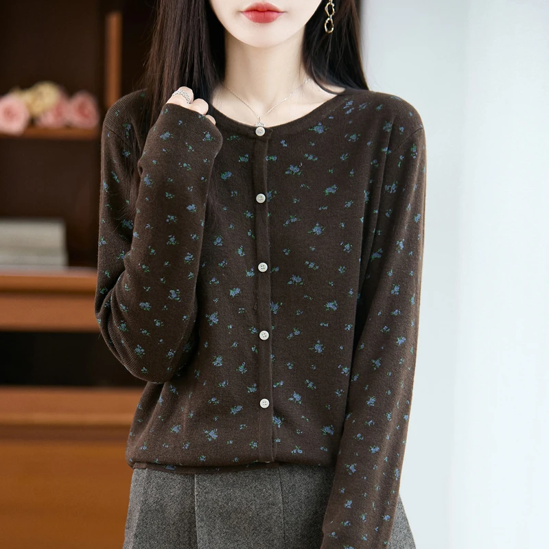 春秋薄外套精纺羊毛碎花女开衫圆领长袖针织直筒宽松显瘦百搭时尚