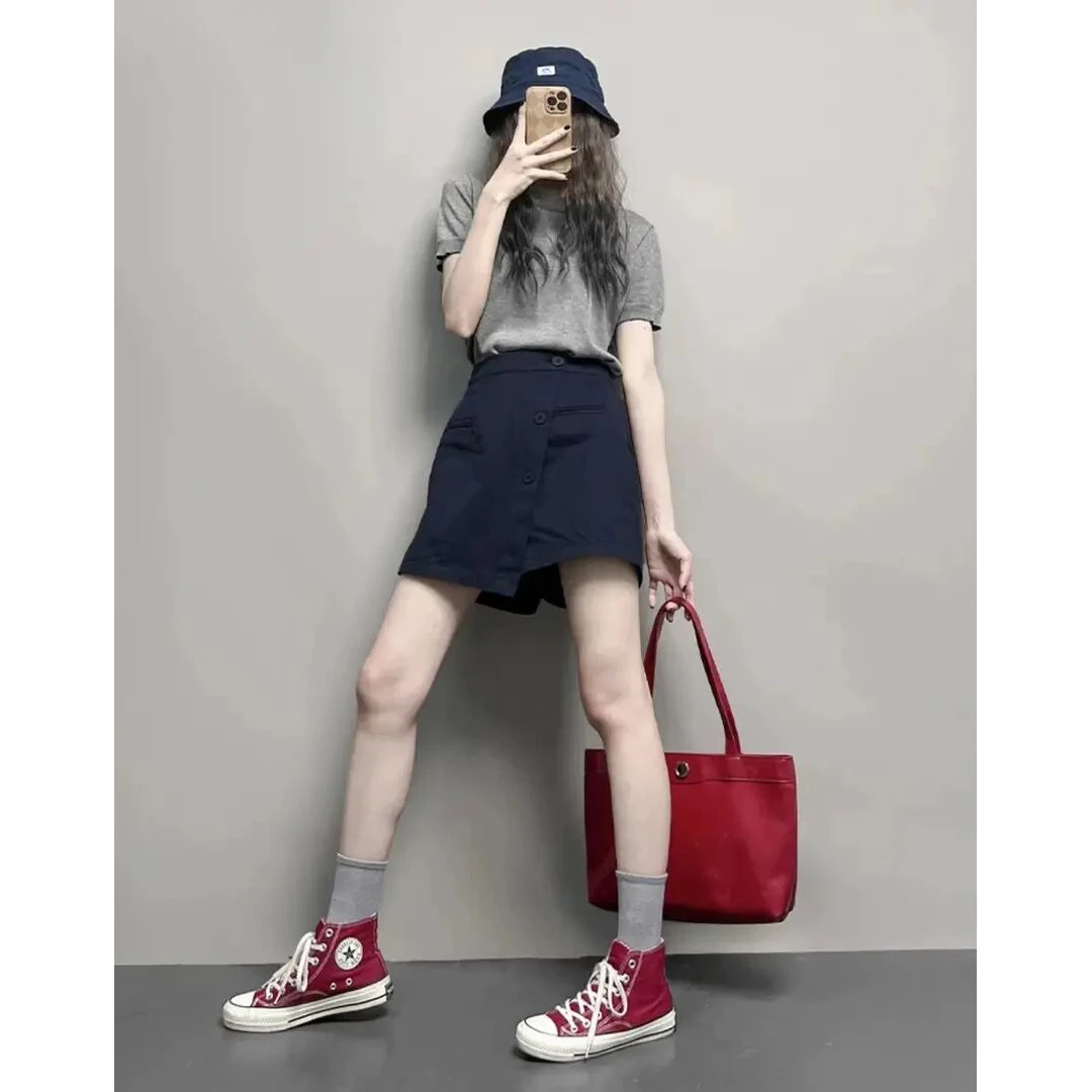 穿搭休闲女装T恤上衣高腰显瘦不规则阔腿裙裤女夏季新款韩系