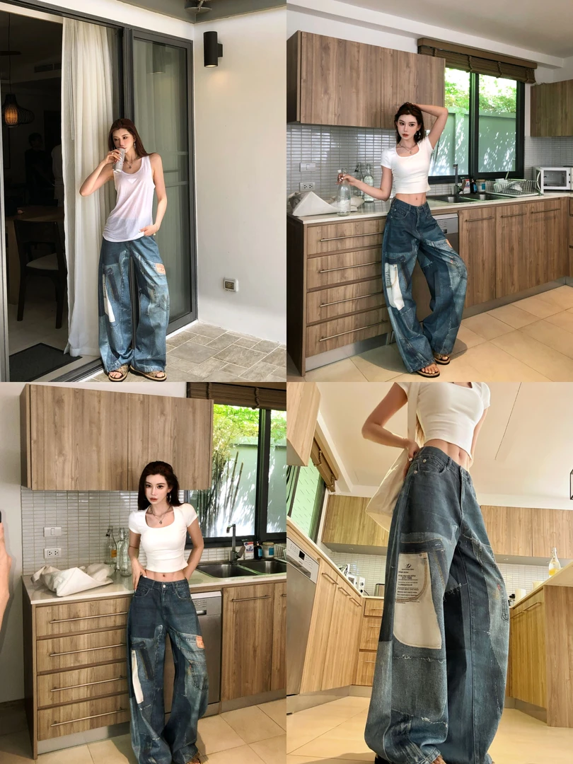 婉君【3D印花裤】美式辣妹贴布拼接印花高街阔腿牛仔裤LWJ25A1K441