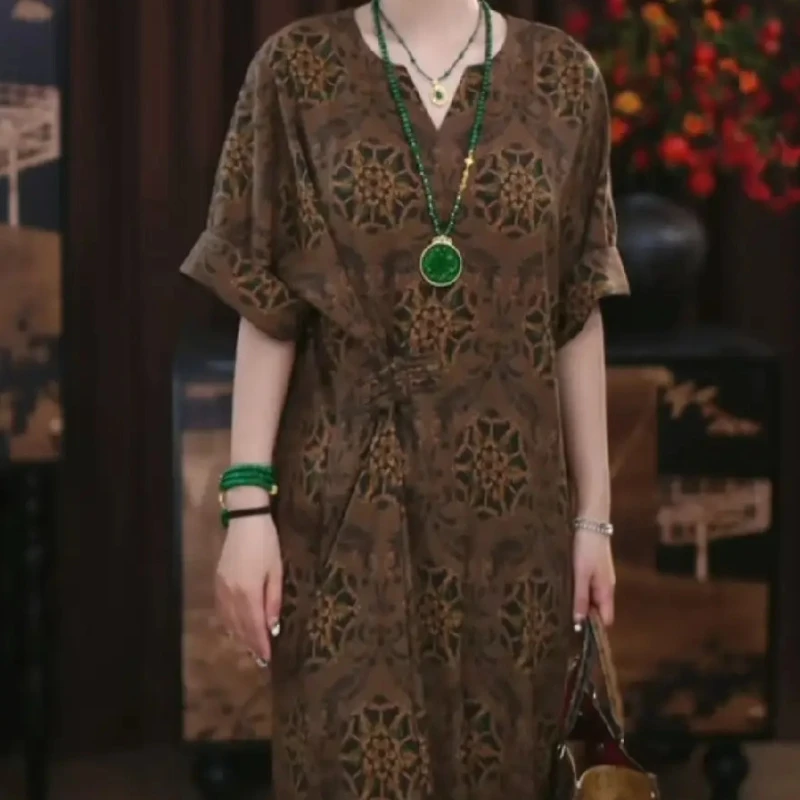 [赫安]香云纱长款宽松时尚春夏提花腔调印花复古长裙连衣裙宽松