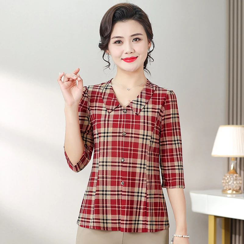 妈妈装娃娃领七分袖格子衬衫春夏新款大码中年女时尚宽松小衫上衣