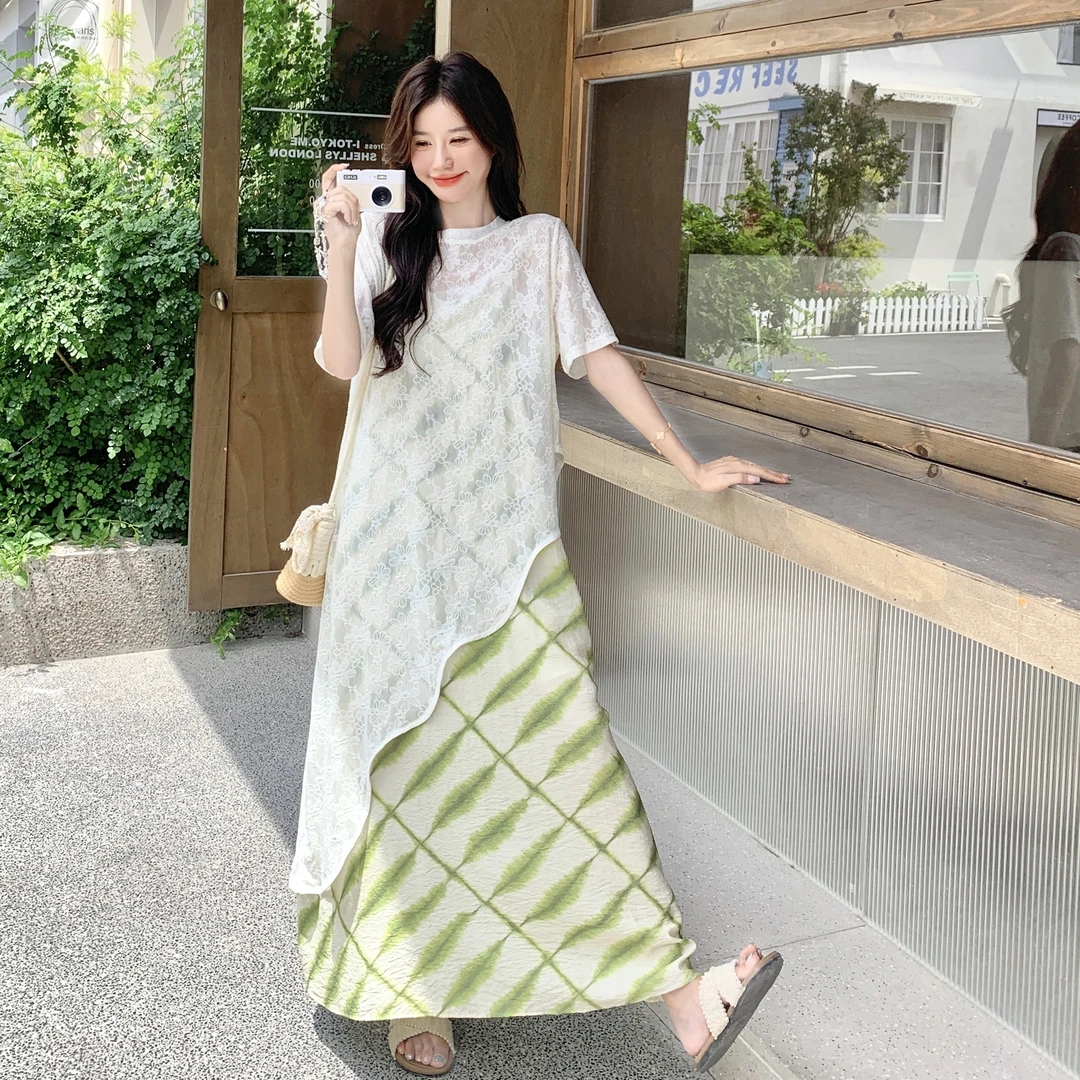 设计感不规则蕾丝上衣套装裙女夏季新款温柔气质吊带连衣裙两件套