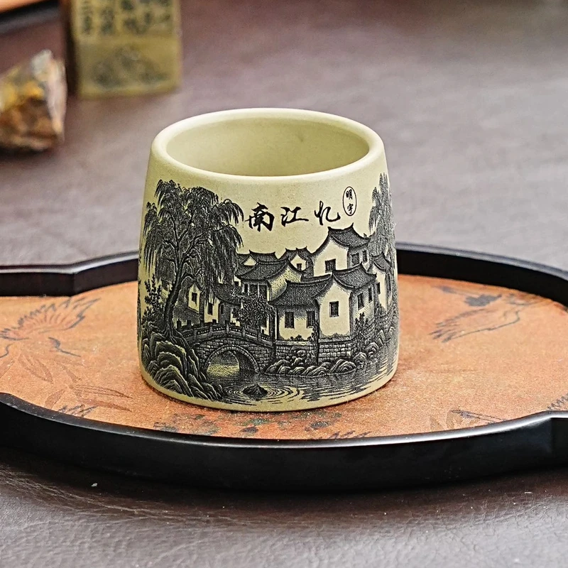 2877忆江南杯宜兴原矿紫砂手工刻绘忆江南主人杯