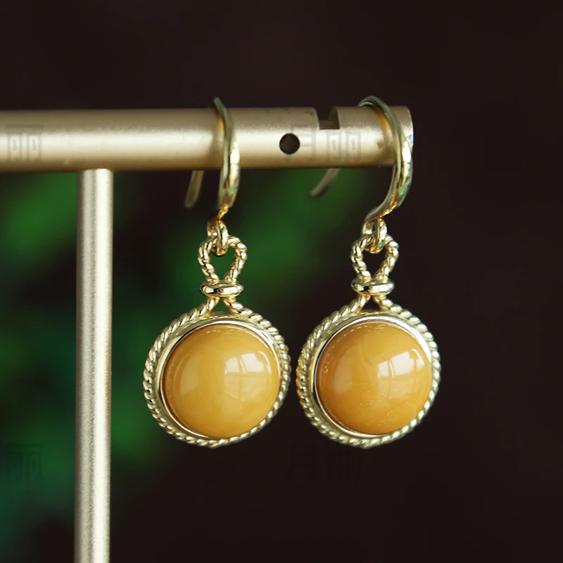 天然老蜜蜡耳坠女S925银耳饰国风复古轻奢气质耳环