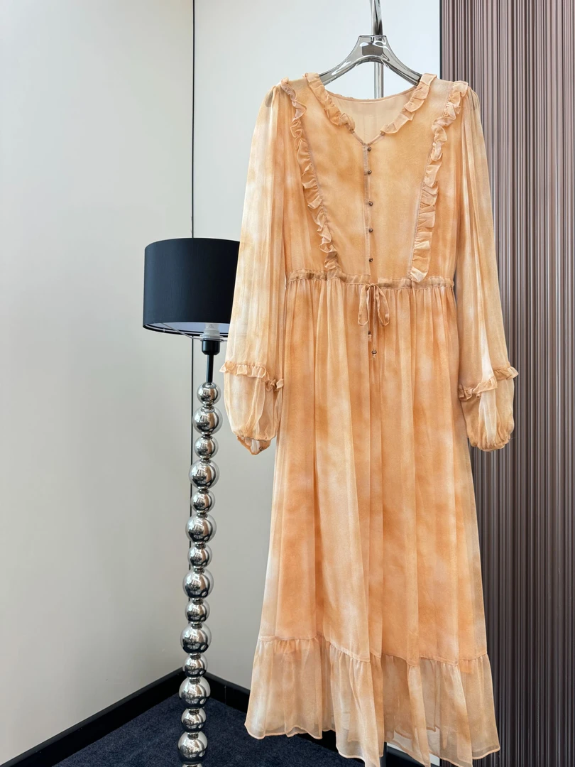 【编号16】120裙长100桑蚕丝荷叶领包扣真丝连衣裙浮生金8237-H3