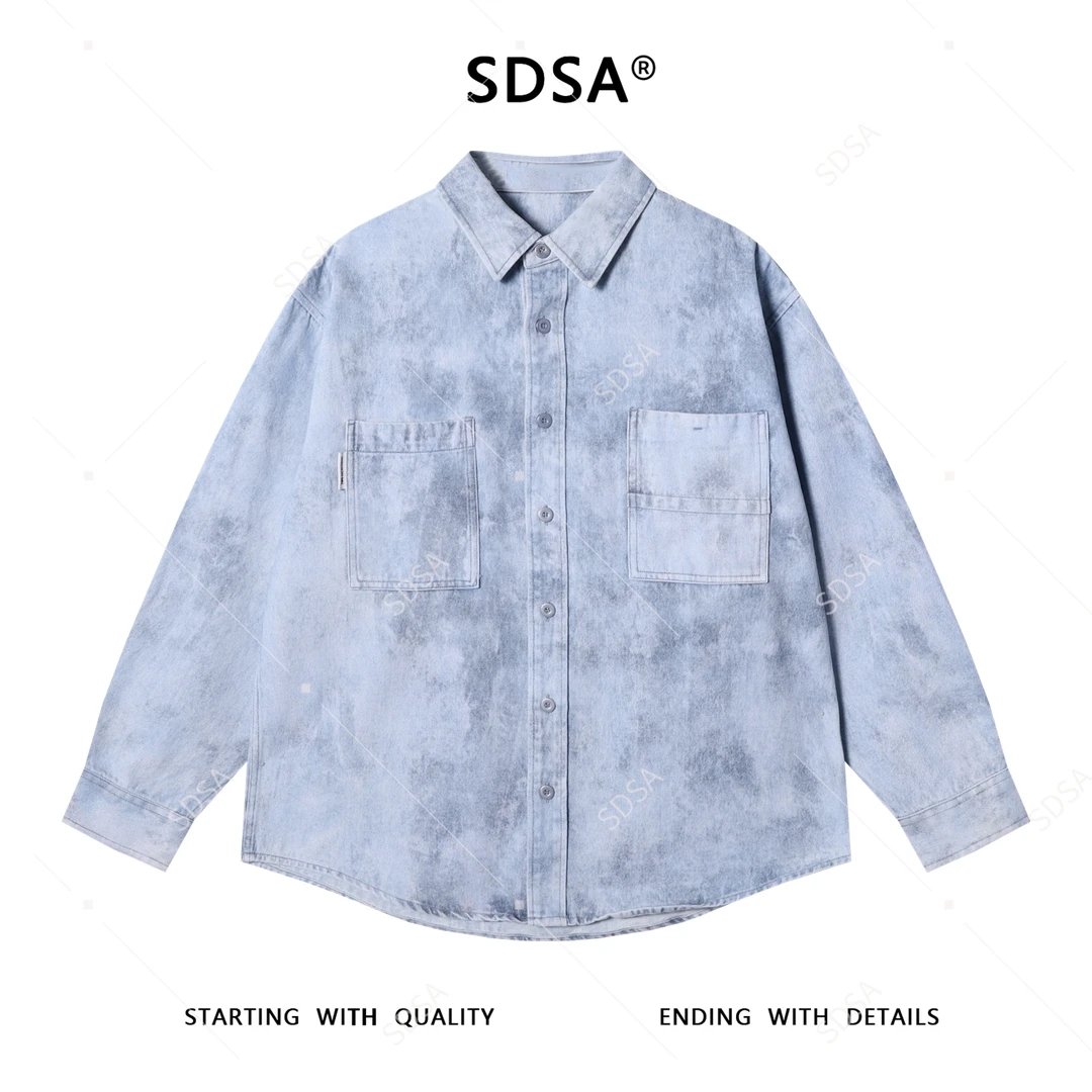 SDSA男士秋冬新款痞帅男装韩版扎染磨白纽扣翻领牛仔长袖衬衫时尚