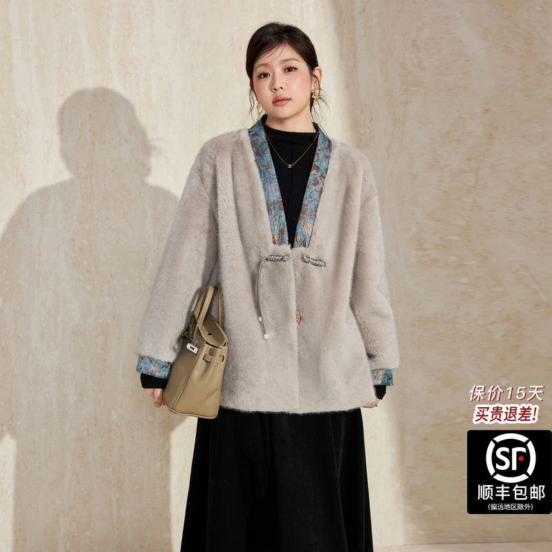 蓝语大码女装新中式貂绒外套2025冬新款仿麂皮绒皮毛一体环保皮