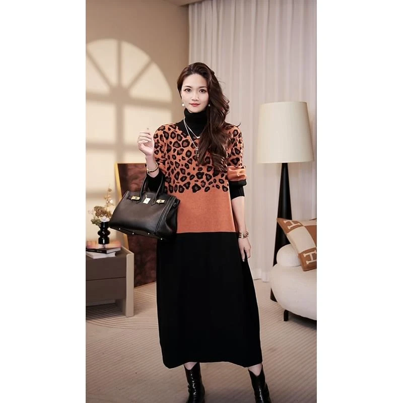 高翻领[金桔豹]冬季加厚长袖保暖高领毛衣打底连衣裙-1251#