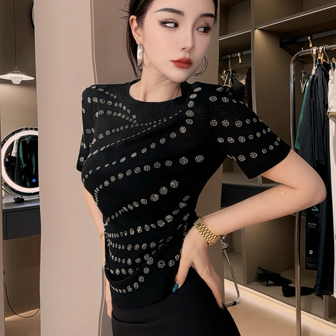 莎火火-夏季新款时尚烫钻修身显瘦网纱体恤衫短袖3040