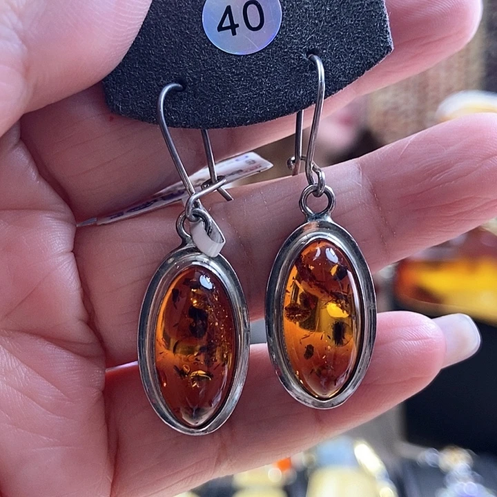 琥珀银S925镶嵌耳饰耳环