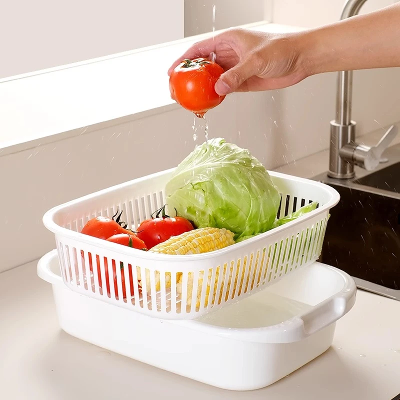 厨房多功能沥水篮客厅双层塑料洗菜盆家用长方形洗水果洗菜篮筐子