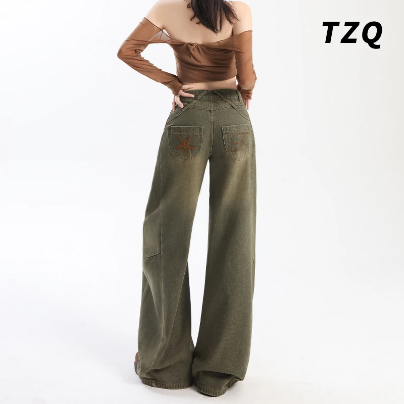 2025秋款新款做旧美式绿色牛仔裤女慵懒宽松显瘦阔腿裤TZQ121369