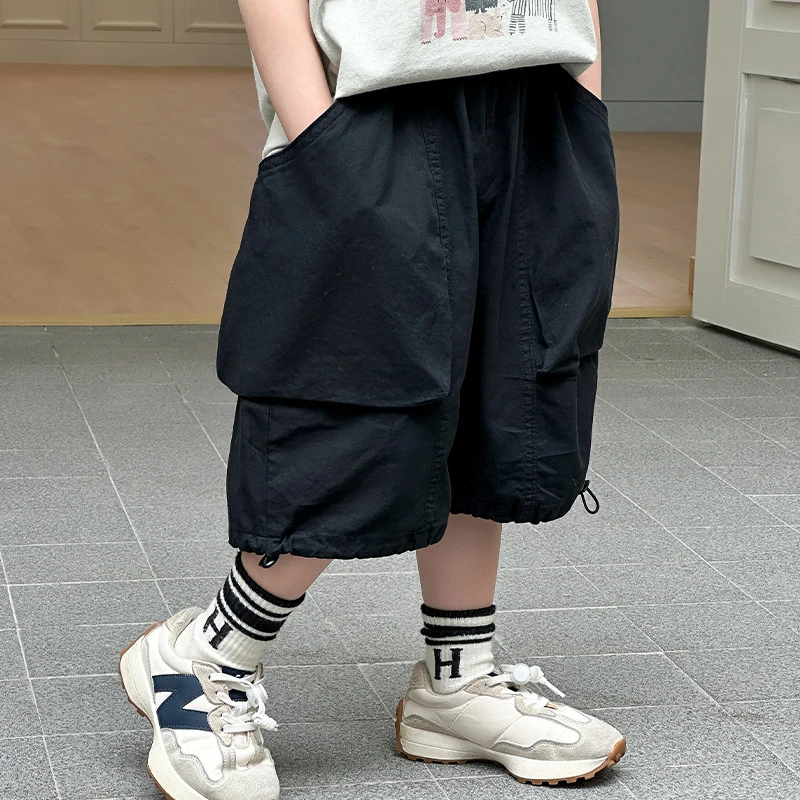 男童夏装短裤2025新款儿童抽绳大口袋五分裤小童洋气黑色夏款裤子