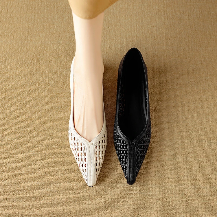 牛皮+编织~3cm夏季新款镂空透气凉鞋女软底异型跟真皮低跟奶奶鞋