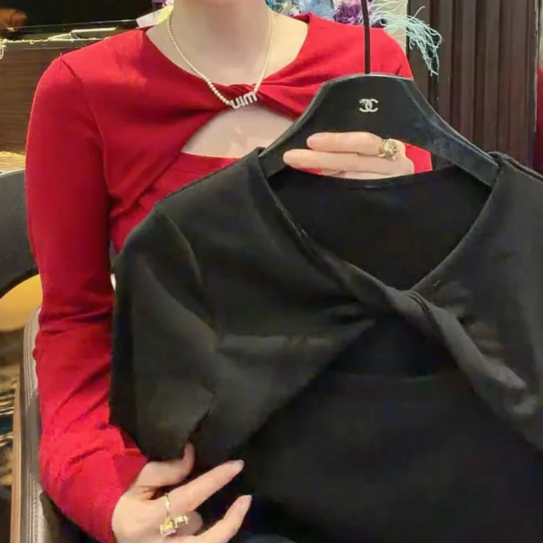 纯欲辣妹扭结交叉镂空长袖T恤修身显瘦内搭打底衫上衣【微色差】