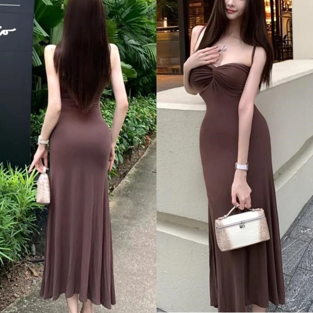 韩漫身材粉色性感约会吊带针织长裙女夏季质感收腰显瘦a字连衣裙