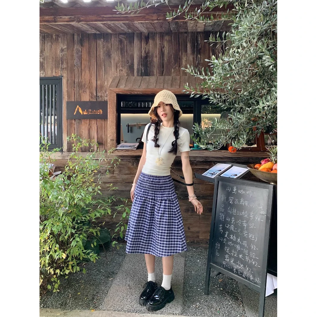 韩系复古设计感两穿蓝色格纹抹胸裙女夏季宽松伞裙百搭高腰a字裙